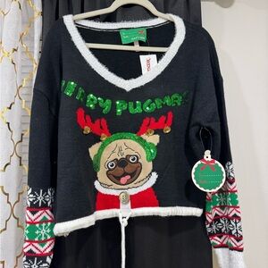 Betsey Johnson Black Festive Pug V-Neck Sweater